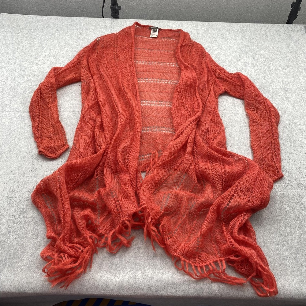 Tommy Bahama Cardigan Sweater Womens Large Orange Open Knit Mohair Fringe Boho
